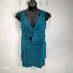 Jones New York Sleeveless Tiered Layered V-Neck Blue-Green Mini Dress NWT 14
